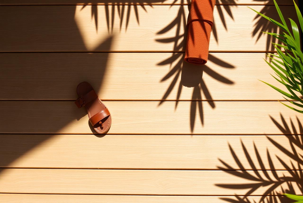 Sunlit pool deck with sandals and a towel, ready for bare feet
